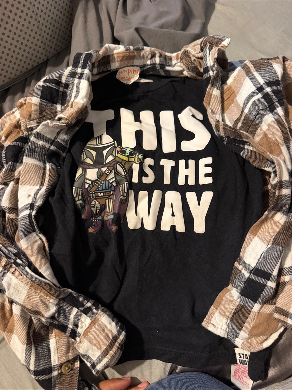 2 piece set - Boy’s jumping beans Black Graphic Tee with Brown Plaid Shirt